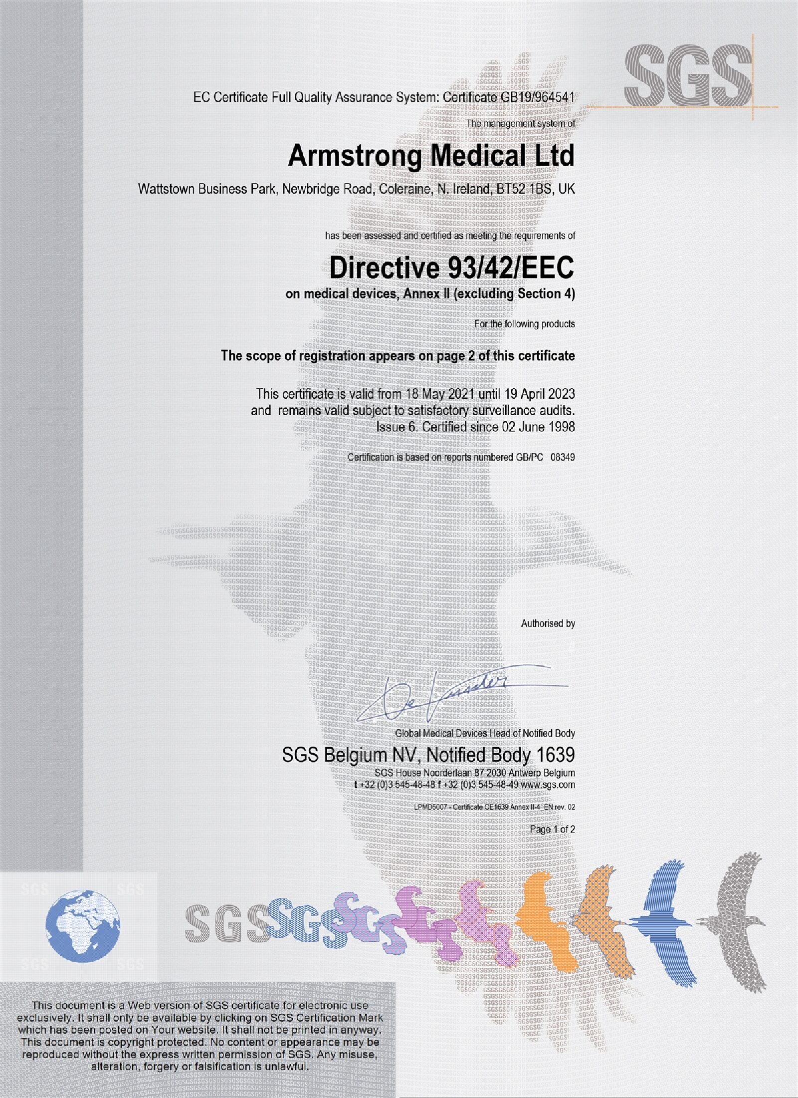 Armstrong Medical Ltd CE1639 Annex II Issue 6 valid 19 04 2023 1 pdf Eakin Healthcare