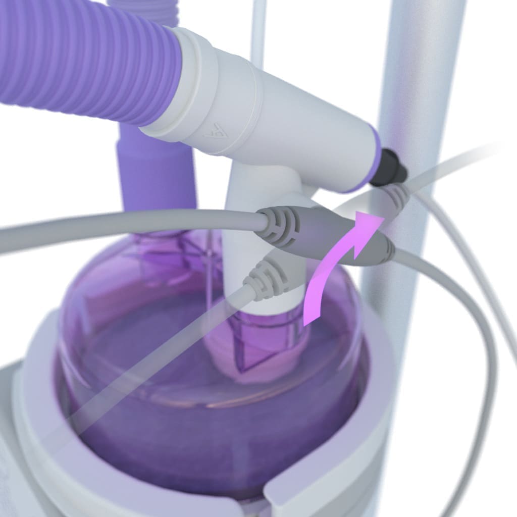 3D rendering of the heater humidifier with the temperature probe being turned 90 degree anti clockwise