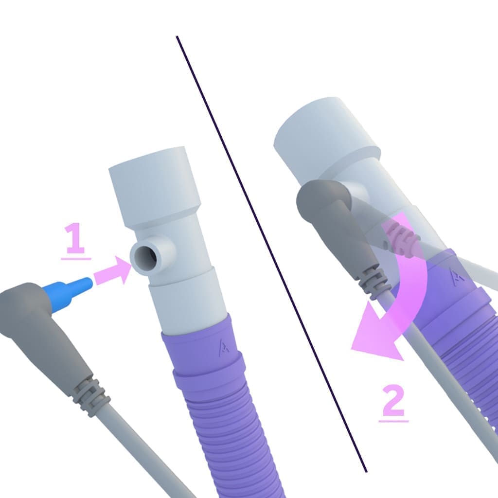 3D rendering of the heater humidifier with the temperature probe being turned 90 degree anti clockwise