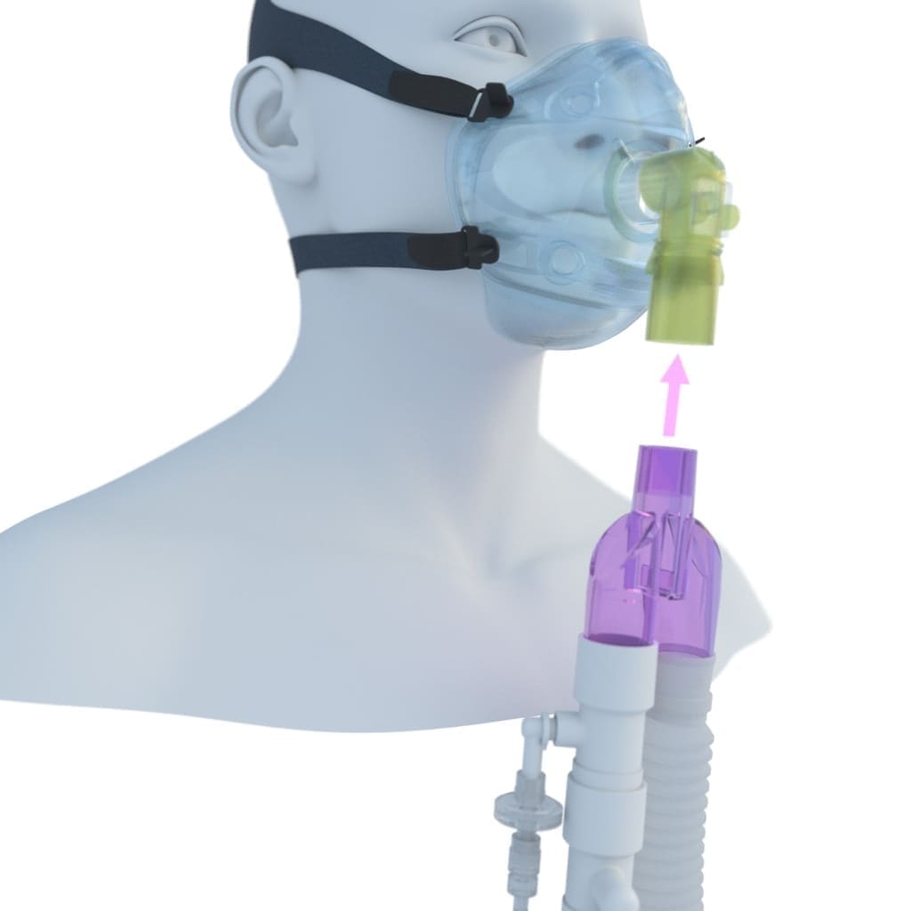 3D rendering of a man wearing a CPAP mask with a circuit being attached