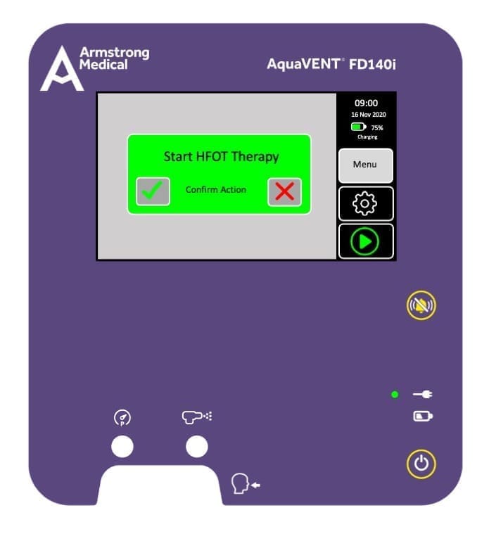 3D rendering of the AquaVENT FD140i with the HFOT Therapy start screen