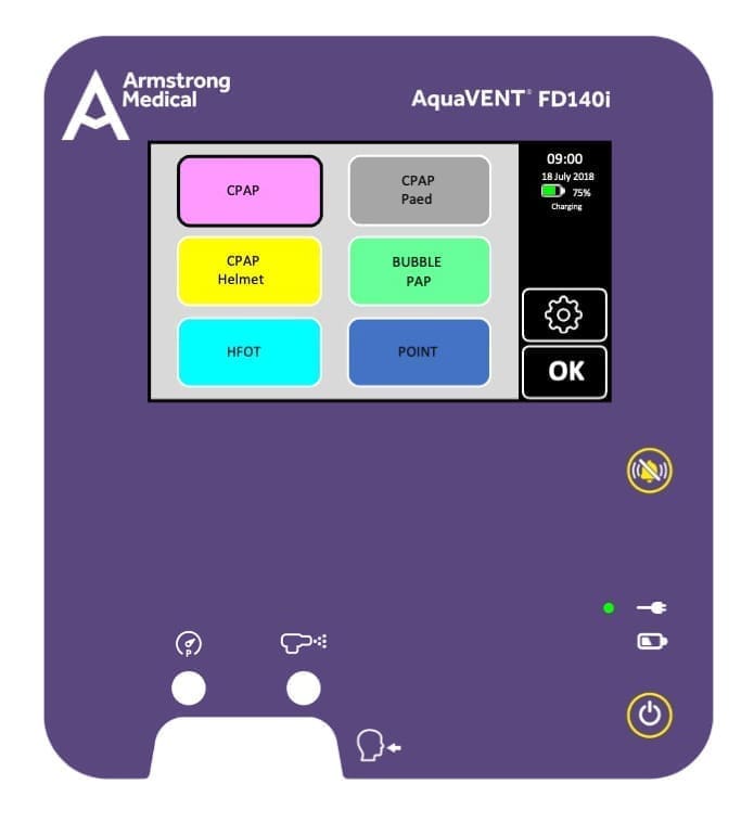 3D rendering of the AquaVENT FD140i menu screen with CPAP selected