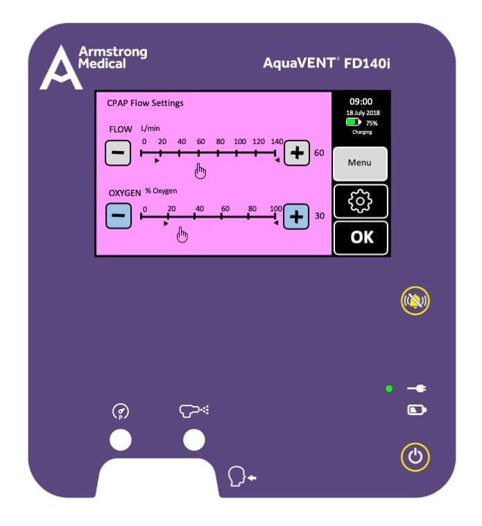 3D rendering of the AquaVENT FD140i CPAP Flow setting screen