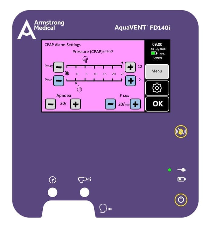 3D rendering of the AquaVENT FD140i CPAP alarm settings screen