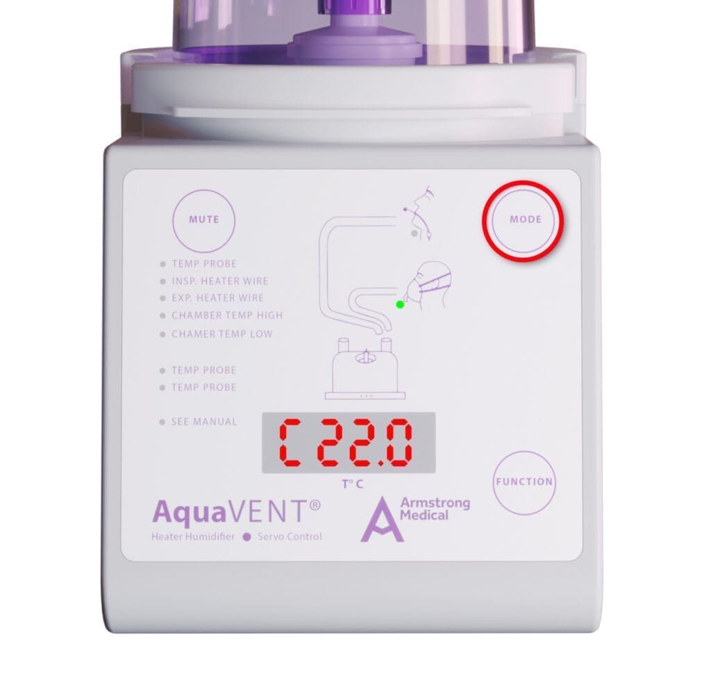 3D rendering of a heater humidifier with the mode button highlighted