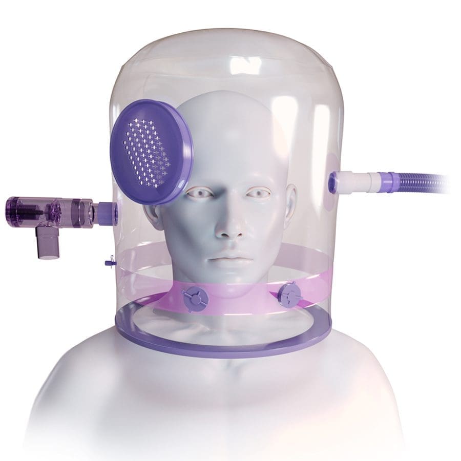 3D rendering of a man wearing a CPAP hood