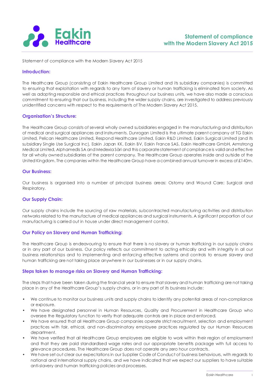 Statement of compliance with the Modern Slavery Act 2015 pdf Eakin Healthcare