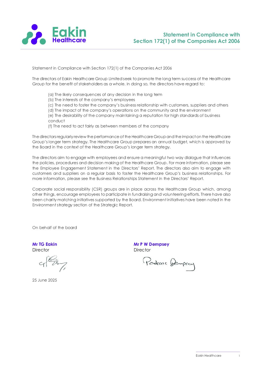 Statement in Compliance with Section 1721 of the Companies Act 2006 pdf Eakin Healthcare